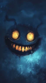 Glowing-eyed grinning face floats in dark blue mist