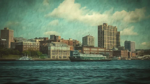 Harborfront daydream skyline where teal water meets brick hush.