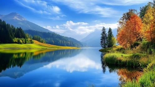 Mountain lake with forest reflection and vivid autumn trees.