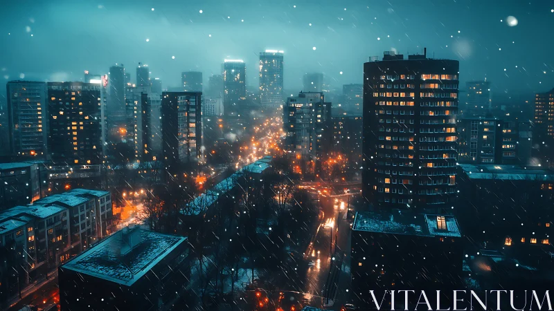 Cinematic winter cityscape with luminous boulevard axis at dusk.