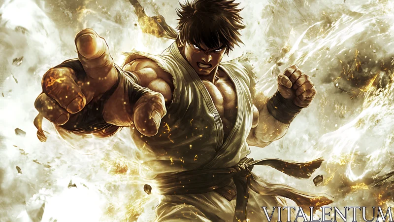 Martial artist unleashes a fiery punch amid explosive light