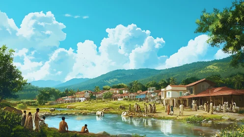 Idyllic riverside village panorama under towering cumulus clouds