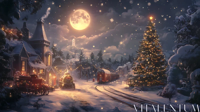 Moonlit Christmas train arrives at snow-covered village.