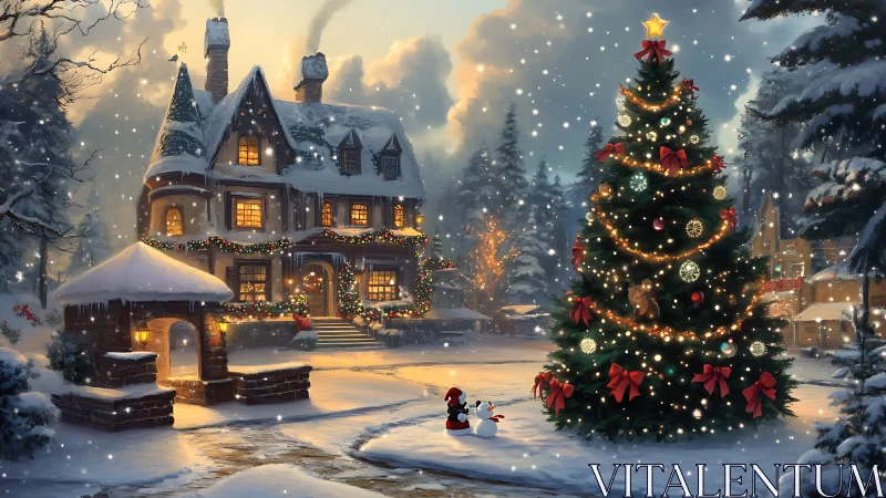 Snow-covered cottage and illuminated Christmas tree at dusk