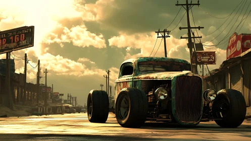 Rustic hot rod dominates sunlit postapocalyptic street.