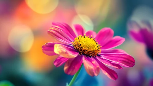 Magenta Daisy Bloom With Yellow Center Against Soft Bokeh.