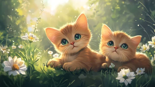 Twin Ginger Kittens in Sunlit Wildflower Meadow.