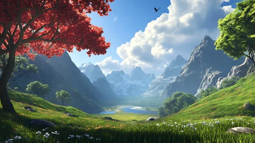 Crimson tree overlooks a tranquil alpine valley at sunrise