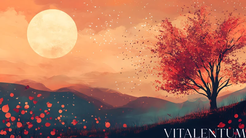 Fiery autumn tree glows beneath a vast pastel moon.