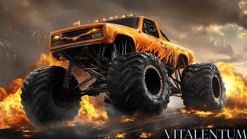 Blazing orange monster truck tearing through urban firestorm.