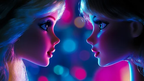 Neon lit doll faces share a bright, playful gaze together
