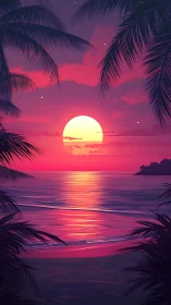 Neon sunset hush over palm-framed electric shoreline dream.