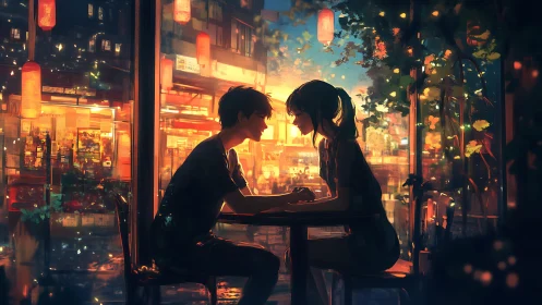 Lanternlit café confession between dusk-soaked silhouettes.