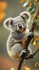 Playful koala clings to a leafy branch in soft autumn rain