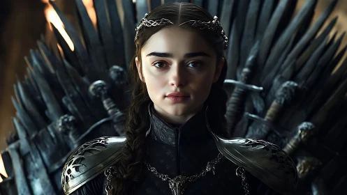 Young armored queen sits on dark spiked iron throne