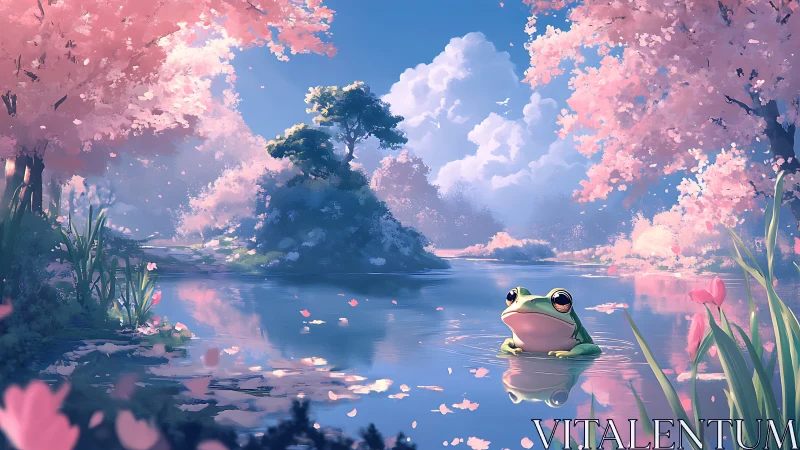 Frog rests in dreamy cherry blossom pond at springtime dusk.