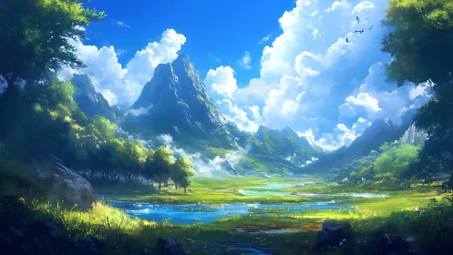 Digital landscape shows mountains, valley, trees and clouds