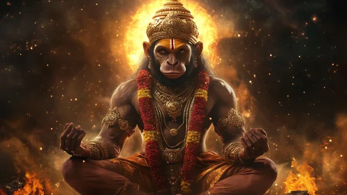 Simian warrior deity in meditative pose amid radial fire halo