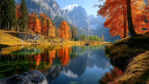 Mountain lake reflects bright autumn trees in clear daylight.