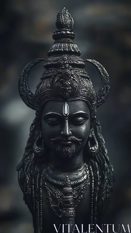 Serene dark metal deity statue radiates quiet spiritual power