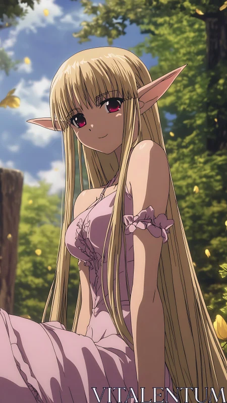 Sunlit elf girl resting softly in a quiet forest glade.