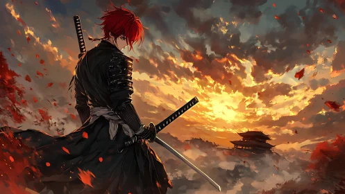 Red haired samurai faces burning sunset above distant temple