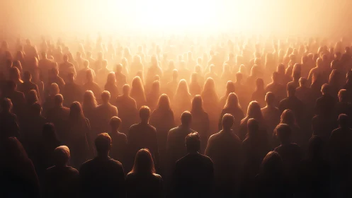 Backlit human crowd rendered as dense silhouettes in volumetric haze