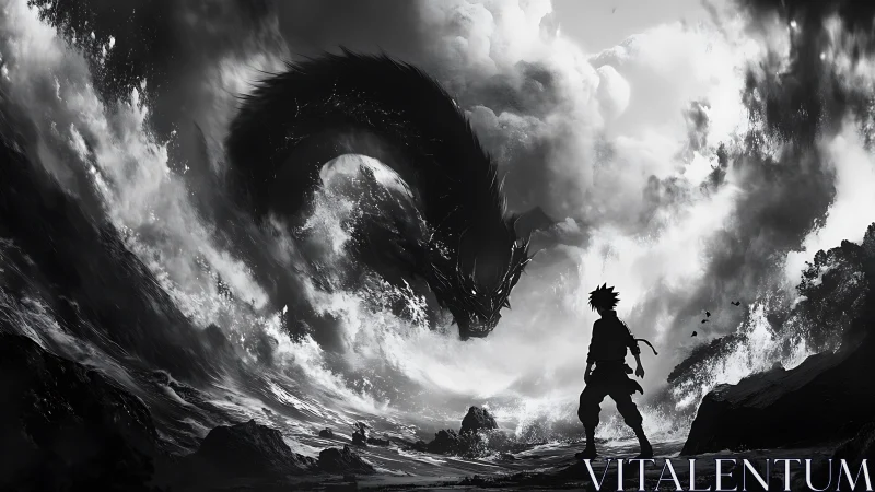 Stormborn challenger meets abyssal dragon over shattered surf.