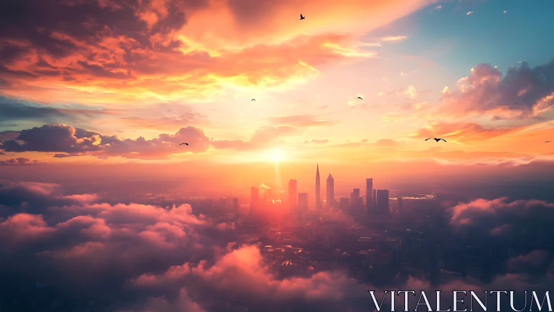 Skyline adrift in sunrise clouds and flaming dream skies.