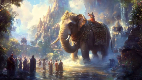 Golden elephant procession crossing a misty temple river.