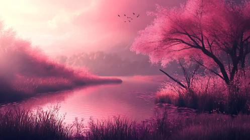 Dreamlike pink riverside landscape renders atmospheric depth