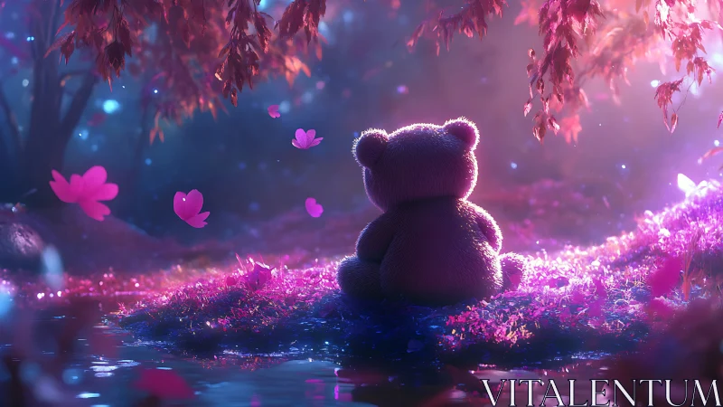 Stuffed bear viewed from behind in luminous forest clearing.