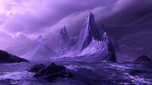 Digital painting of violet alien seascape with jagged peaks.