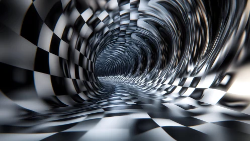 Surreal Checkerboard Tunnel with Abstract Swirling Patterns.
