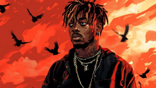 Portrait of a man with chains against stylized red sky