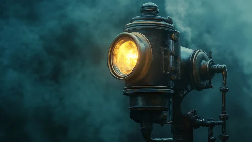 Industrial steampunk searchlight in dense teal foggy air.