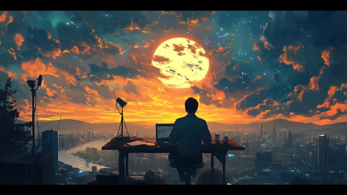 Lone creator works at dusk beneath a colossal glowing moon.