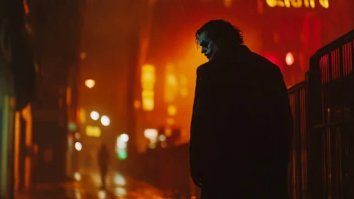 Rain-soaked joker figure in neon-lit midnight alleyway.