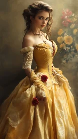 Woman in ornate yellow gown with floral background observed.