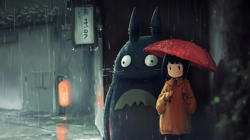 Girl and forest spirit share a red umbrella in gentle rain