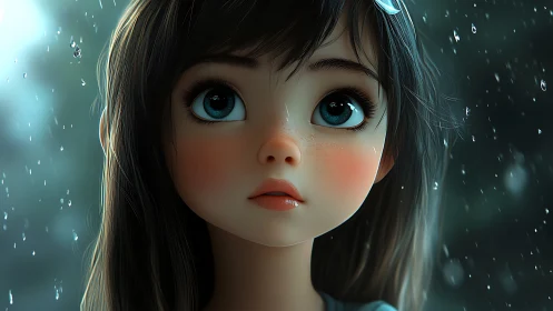 Sad anime girl portrait with rain and large teal eyes.
