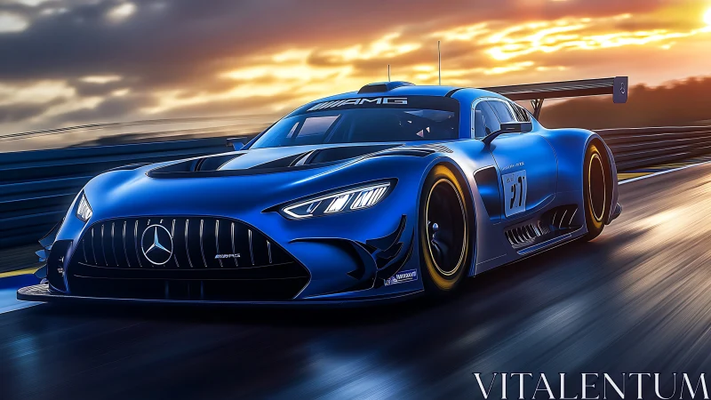 Digital painting of blue AMG GT race car at sunset circuit.