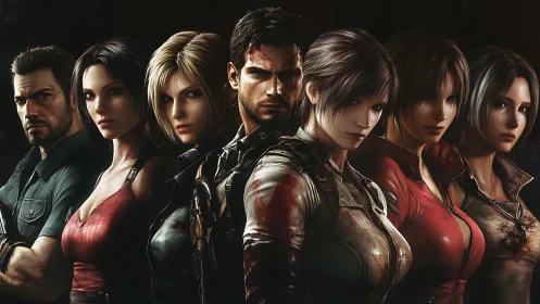 Battle-hardened squad bathed in blood, sparks, and shadow.