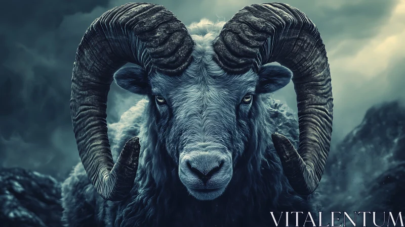 Stormlit ram portrait with massive curling horns.