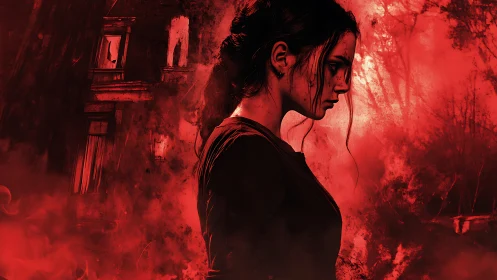 Haunting red portrait of a lone woman in eerie silence.