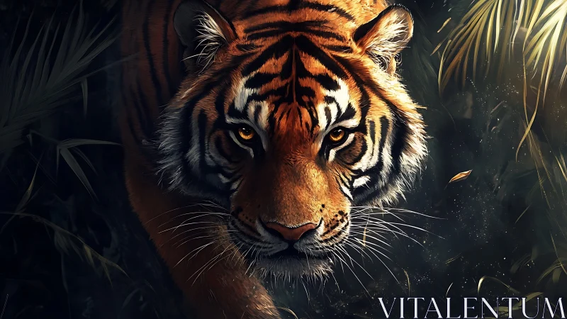 Predatory tiger emerging from shadowed jungle foliage at dusk.