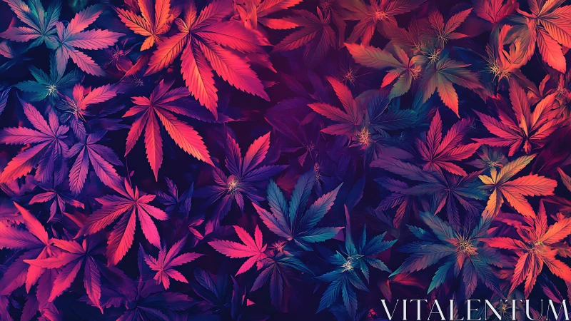 Psychedelic cannabis leaves glow in neon gradient hues.