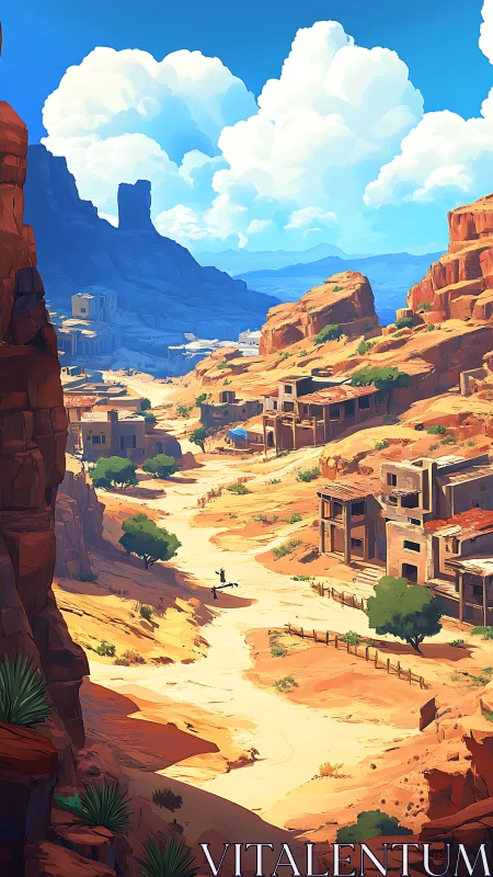 Desert canyon ghost town with sunlit cliffs and distant mesas