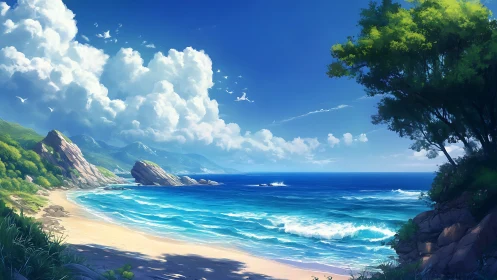Sunlit tropical coast with vivid turquoise surf and cliffs.