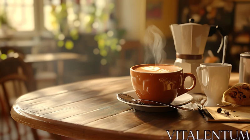 Steaming latte in brown cup on sunny wooden caf&eacute; table.